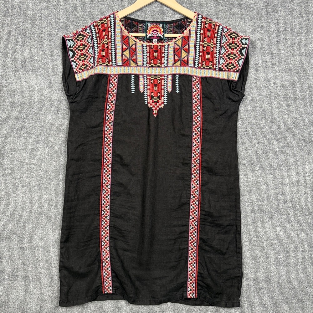 Johnny Was Size Medium Tunic Dress Black Linen Boho Embroidered Vacation